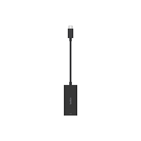 Schwarzes USB-C-Adapterkabel, Belkin-Logo. Stecker und Adaptergehäuse sind schwarz, Kabel ist ebenfalls schwarz.