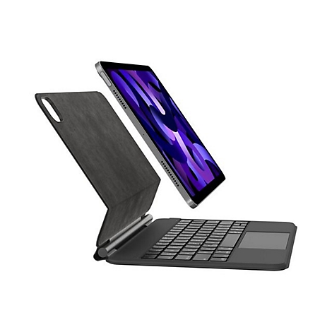 Ein schwebendes iPad Air mit einer dunklen Tastatur und einem grau-schwarzen Cover auf weißem Hintergrund.