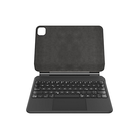 Schwarze Tablet-Hülle mit Tastatur. Das Tablet ist geöffnet und die Tastatur ist sichtbar.