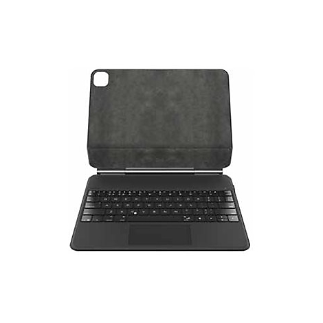 Étui de tablette noir avec clavier. L'étui est ouvert, le clavier est exposé. Une housse de protection est visible dans la partie supérieure.
