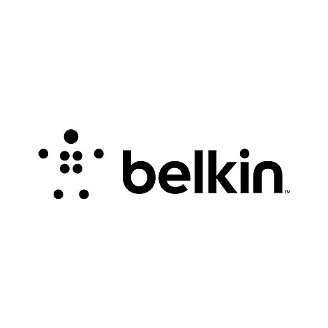 Logo Belkin : Des points noirs forment une figure, Ã  cÃ´tÃ© se trouve le mot belkin.