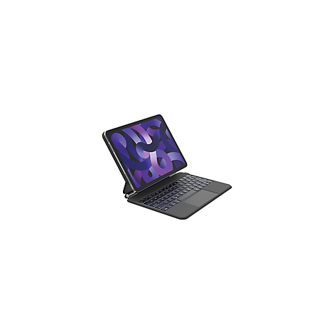 Tablette noire avec clavier attaché, écran affichant un motif violet.