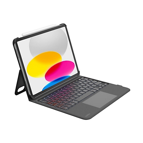 Ein iPad mit grauem Gehäuse und Tastatur, weißem Stift, Display mit Farbverlauf.