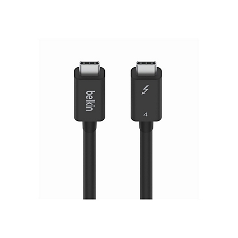 Zwei schwarze USB-C-Kabel. Auf dem einen steht Belkin, auf dem anderen Thunderbolt 4 und die Zahl 4.