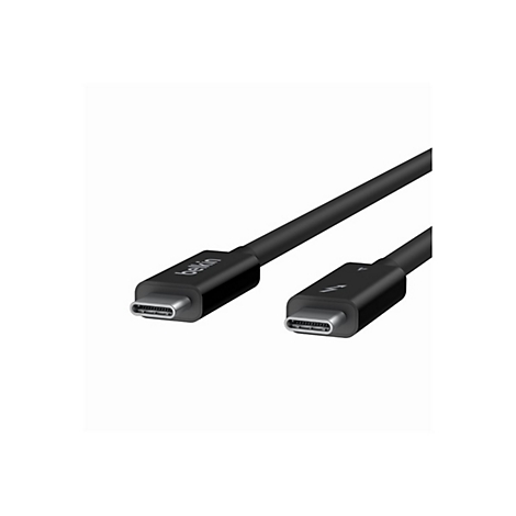 Schwarzes Belkin USB-C auf USB-C Kabel mit Thunderbolt 4 Logo auf dem Stecker.