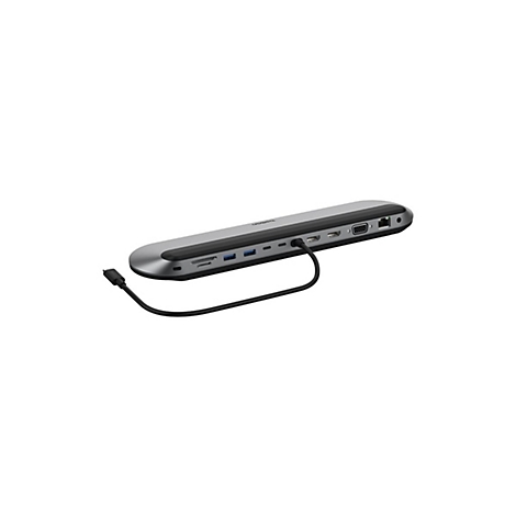 Grau-schwarzer USB-C-Hub auf weißem Hintergrund, mit diversen Anschlüssen, Kabel ist angeschlossen.