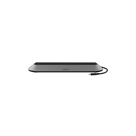 Graues Belkin-Docking-Gerät mit USB-C-Kabel. Der Schriftzug Belkin ist auf dem Produkt zu sehen.