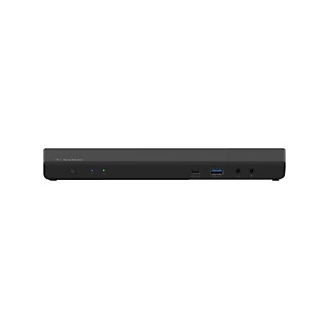 Schwarze Dockingstation mit Anschlüssen: USB, USB-C, Audio, Power-Knopf und LED-Anzeigen.