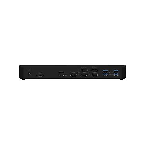 Schwarze Dockingstation mit diversen Anschlüssen, wie HDMI, USB und Ethernet. Auf hellem Hintergrund.