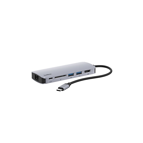 Silberner Belkin USB-C-Hub, Kabel mit USB-C-Anschluss, verschiedene Anschlüsse.