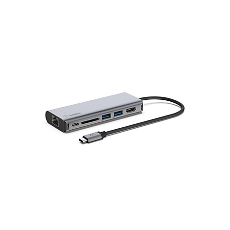 Silberner USB-C-Hub mit mehreren Anschlüssen, schwarzen Kabel und weißem Hintergrund.