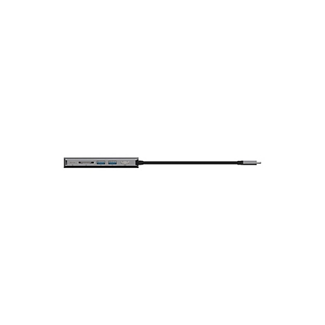Grauer USB-C-Hub mit verschiedenen Anschlüssen. Ein schwarzes Kabel ist angebracht.
