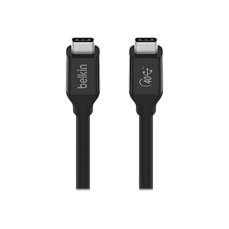 Zwei schwarze USB-C-Kabel nebeneinander, eines mit Belkin-Logo, eines mit "40" und einem Blitz-Symbol.