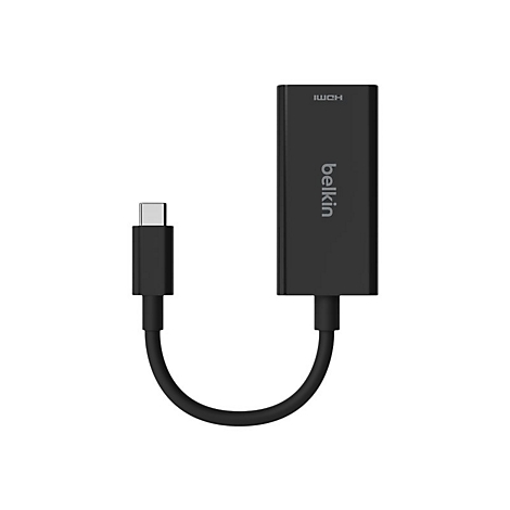 Schwarzer HDMI-Adapter von Belkin, mit USB-C-Anschluss. HDMI-Logo oben links, Belkin-Schriftzug rechts.
