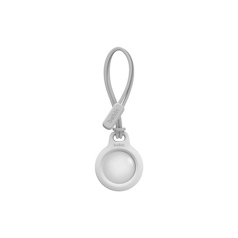 Accessoire Belkin AirTag gris clair avec cordon et pendentif. Le pendentif a un design rond.