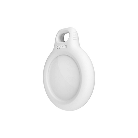 Tracker Belkin blanc. Forme arrondie avec un trou et le logo Belkin.