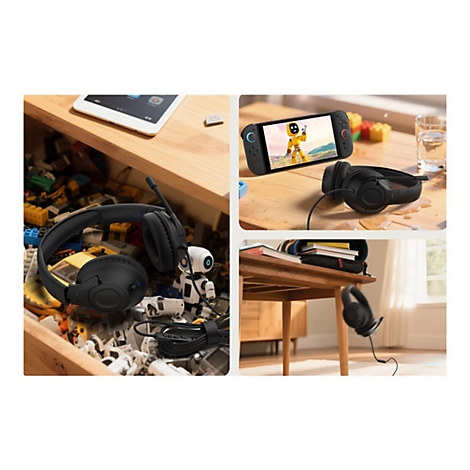 Verschiedene Szenen mit schwarzen Kopfhörern. Ein Tablet und eine Spielekonsole sind ebenfalls zu sehen.