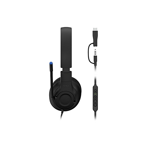Schwarzes Belkin-Headset mit USB-C-Anschluss und Mikrofon, vor weißem Hintergrund. Steuerung am Kabel.