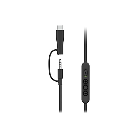 Schwarzes Audiokabel mit USB-C-Anschluss, Klinkenstecker und Inline-Fernbedienung.