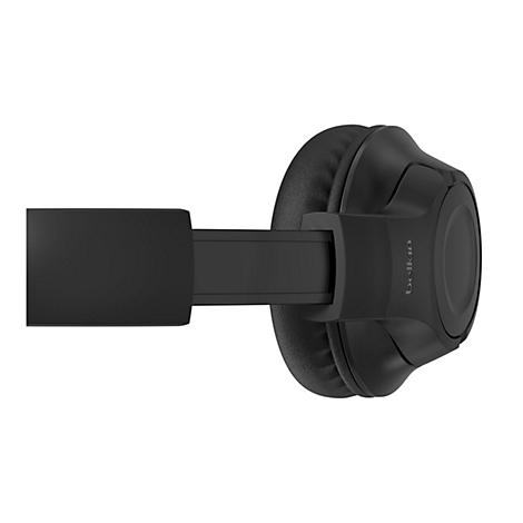 Vue détaillée du casque noir. Le logo Belkin est visible.