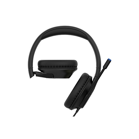 Gros plan détaillé d'un casque noir. Coussinets, microphone, câble, accent bleu.