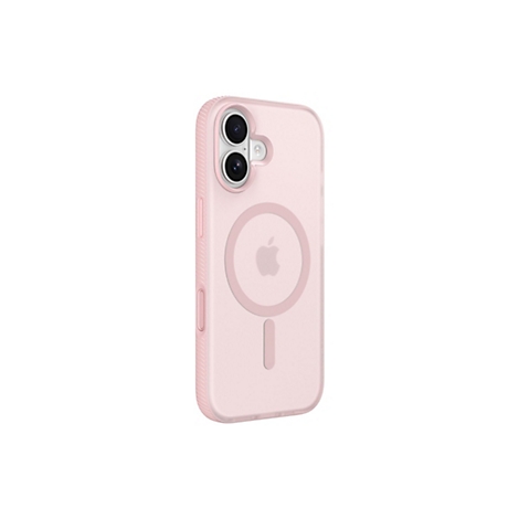 Coque de téléphone rose clair avec logo Apple et anneau magnétique. L'étui montre le module caméra, les boutons latéraux et les découpes.