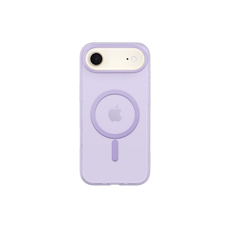 Coque d'iPhone violet clair avec logo Apple et appareil photo. Fond blanc.
