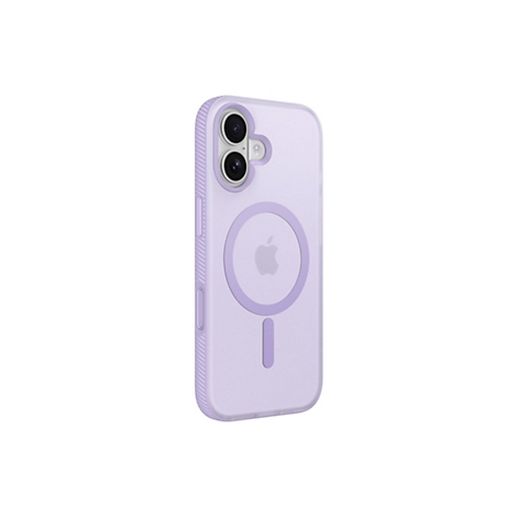 Un étui pour iPhone violet clair avec des objectifs d'appareil photo et un cercle MagSafe sur fond blanc.