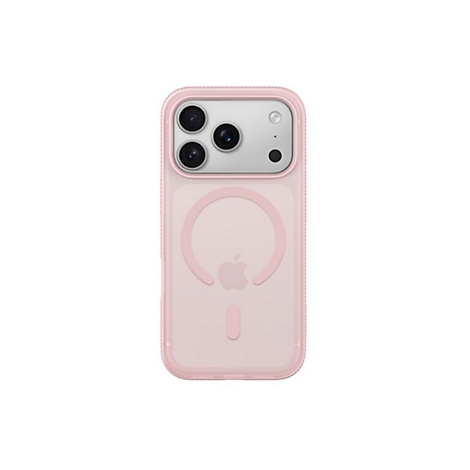 Coque de téléphone rose clair pour un iPhone, caméra et logo Apple visibles.