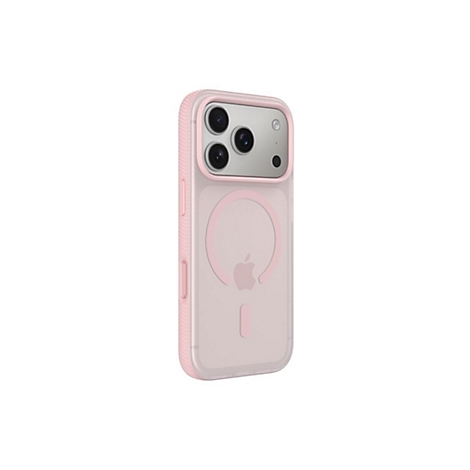 Coque de téléphone rose clair pour smartphone, avec découpe pour caméra et logo Apple au dos.