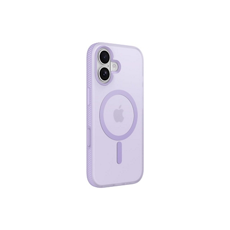 Coque iPhone lilas clair avec lentilles de caméra et MagSafe. Le logo Apple est centré.