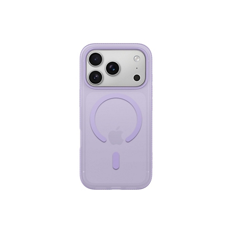 Une coque d'iPhone violet clair avec des bords transparents et un logo Apple.