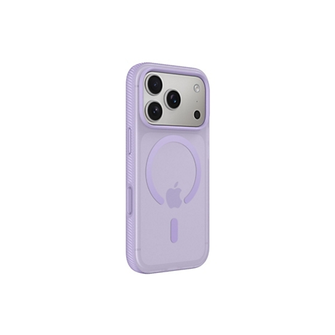 Coque iPhone violet clair avec découpe pour appareil photo et cercle MagSafe. Logo Apple en bas.