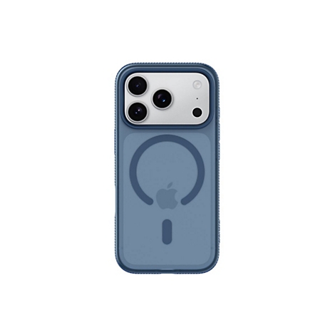 Coque iPhone bleue avec fonction MagSafe, appareil photo et logo Apple.