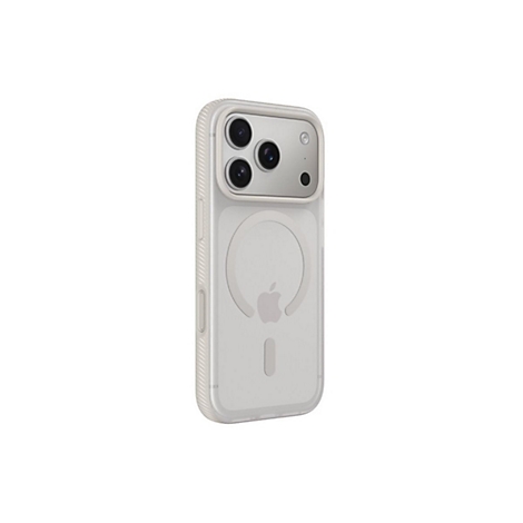 iPhone gris clair avec coque transparente, caméras et logo Apple visibles.