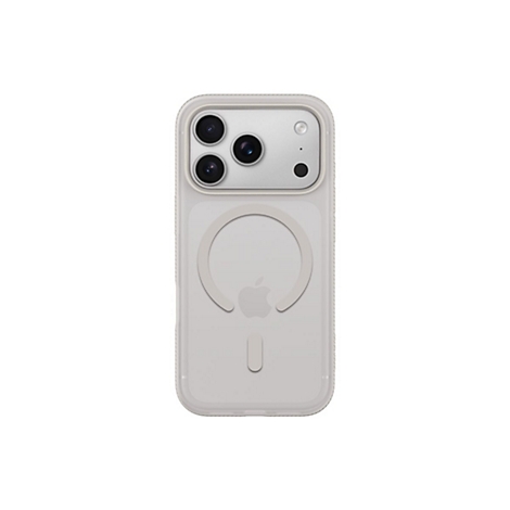 Coque de téléphone gris clair avec découpe pour appareil photo et logo Apple, indiquant la recharge MagSafe.