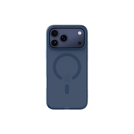 Arrière d'un smartphone bleu foncé dans un étui de protection ; trois objectifs d'appareil photo, un flash et un anneau magnétique sont visibles.