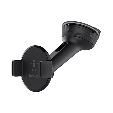 Schwarze Autohalterung mit Belkin-Logo, die an einer Windschutzscheibe oder einem Armaturenbrett befestigt werden kann.