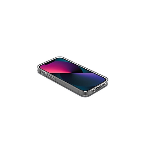 Ein iPhone in einer transparenten Schutzhülle, vor weißem Hintergrund. Der Bildschirm zeigt einen violett-blauen Farbverlauf.