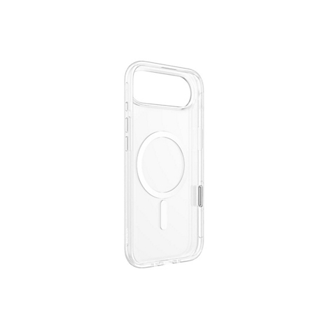 Coque de téléphone transparente avec fonction MagSafe sur fond blanc. Le nom du fabricant "belkin" est en bas à gauche.