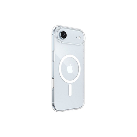 Coque de téléphone transparente avec fonction MagSafe et logo Apple, isolée sur fond blanc.