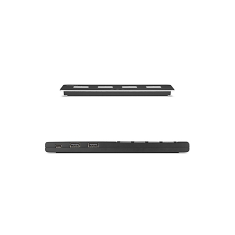 Hub USB Belkin noir; vue de dessus montrant 4 ports USB; vu de côté.