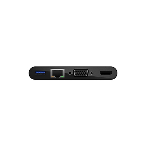 Schwarzer Adapter mit Anschlüssen für USB, Netzwerk, VGA und HDMI, auf weißem Hintergrund.