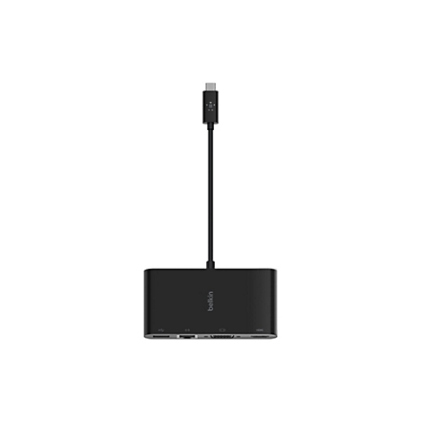 Schwarzer USB-C-Hub mit Kabel. Auf dem Hub sind Anschlüsse für USB, Ethernet, VGA und HDMI erkennbar. Das Belkin-Logo ist sichtbar.