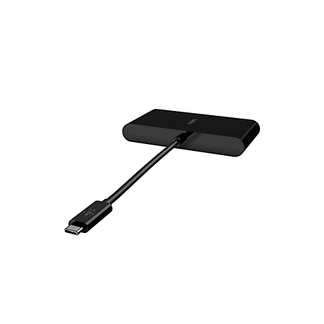 Schwarzer Belkin USB-C Hub mit Kabel und USB-C Anschluss, auf weißem Hintergrund.