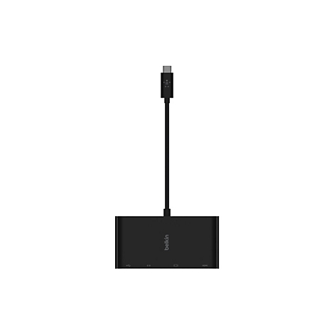 Schwarzer Belkin USB-C Hub mit USB-C Stecker und Anschlussmöglichkeiten für USB-A, HDMI und Stromanschluss.