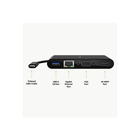Schwarzer USB-C-Hub mit verschiedenen Anschlüssen, darunter USB-A, Ethernet, VGA und HDMI, mit Beschriftung der einzelnen Anschlüsse.
