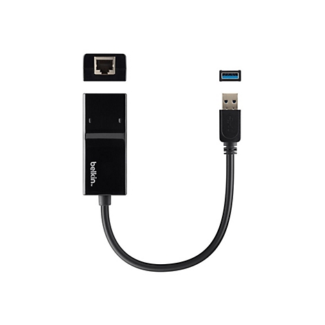 Schwarzer USB-Ethernet-Adapter von Belkin. Der Adapter hat einen USB-Stecker und einen Ethernet-Anschluss. Das Produkt ist auf weißem Hintergrund abgebildet.