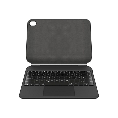 Clavier de tablette noir avec pavé tactile intégré. Le clavier porte la marque Belkin. L'étui de la tablette est ouvert.