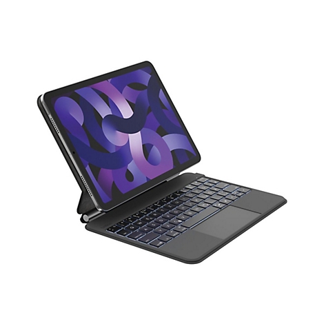 Une tablette grise avec un étui clavier, ouverte sur fond blanc. L'écran affiche un design abstrait violet.